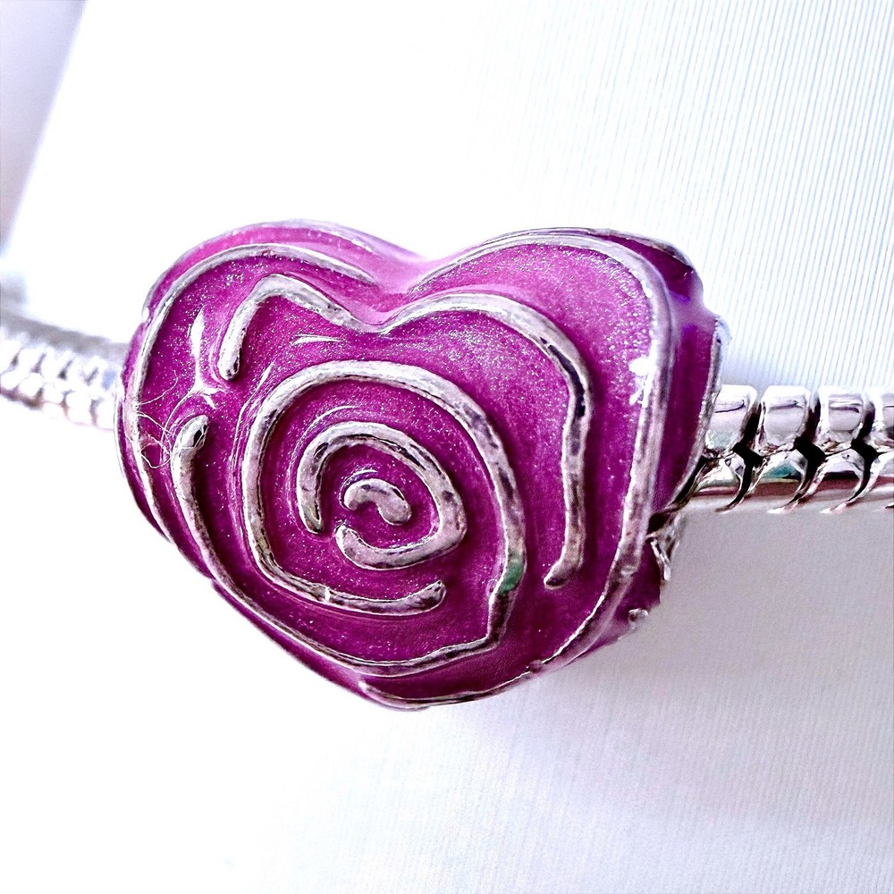Pandora-like Bead Charm Fits Snake Chain Bracelet Pink Heart Rose Spiral